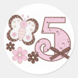 Pink Butterfly 5th Birthday Round Stickers