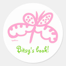 pink butterfly bookplate round stickers