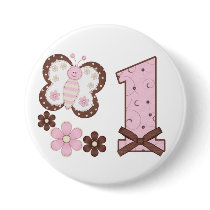 Pink Butterfly First Birthday Button