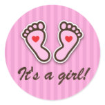 Pink cartoon baby feet with red hearts stickers