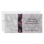 pink chandelier damask on black customized photo card