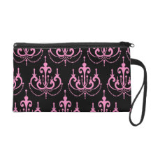pink chandelier damask on black wristlet purse