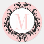 Pink Chic Wedding Monogram M Damask Label Stickers