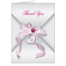 Pink Cross Baptism Christening Thank You Card