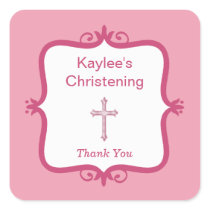 Pink Cross Baptism Square Sticker
