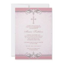 Pink Damask Cross First Communion Personalized Announcement