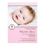Pink Damask Cross Girl Photo Baptism Christening Personalized Invitation