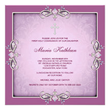 Pink Damask Cross Girls Pink First Communion Personalized Invites
