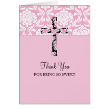 Pink Damask Cross Girl's  Thank You Cards