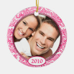 Pink Damask Love Birds Photo Christmas Ornament