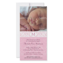 Pink Damask Monogram Baptism/Christening Customized Photo Card
