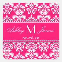 Pink Damask Save the Date Stickers