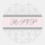 Pink Damask Wedding RSVP Envelope Seals Round Stickers