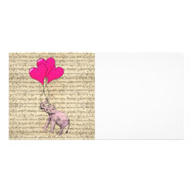 Pink elephant holding balloons custom photo card