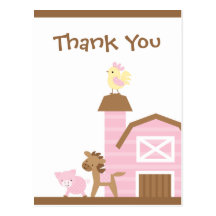 Pink farm animals girl's thank you post card