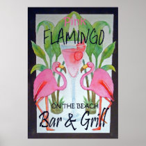 Pink Flamingo Bar & Grill Beach Poster Watercolor