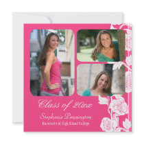 Pink floral 3 photo graduation party announcement