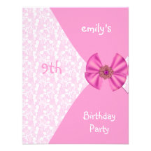Pink Floral Invitation Cute Bow 9th Birthday