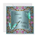 Pink Floral Teal Blue Butterfly 30th Birthday Invite