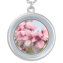 Pink Flowering Branch Blue Necklace