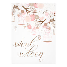 Pink Flowers & Birdcages Sweet Sixteen Invitations