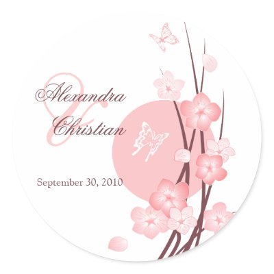 Pink Flowers Butterfly Wedding Announcement Stickers by Ruxique