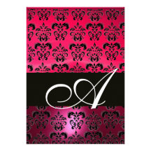 PINK FUCHSIA  BLACK  DAMASK MONOGRAM ,bright white Invitations