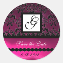 PINK FUCHSIA PURPLE DAMASK SQUARE MONOGRAM, violet Stickers