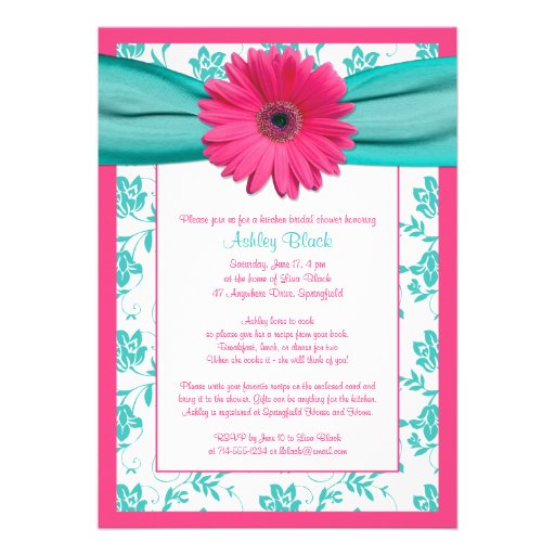 Pink Gerber Daisy Aqua Bridal Shower Invitation