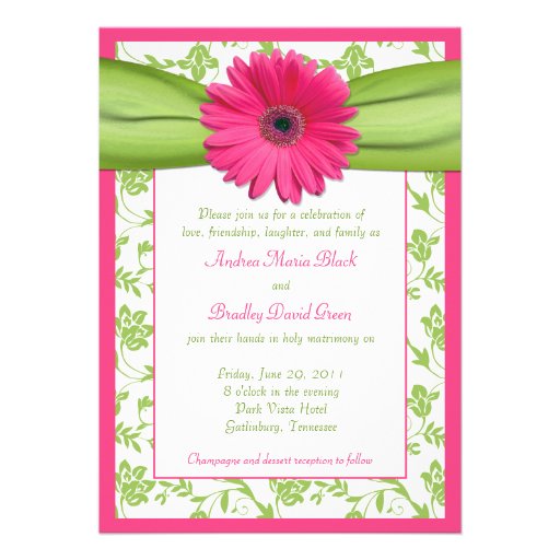 Pink Gerber Green Floral Damask Wedding Invitation