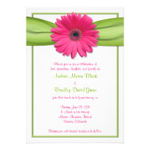 Pink Gerbera with Green Ribbon Wedding Invitation