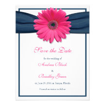 Pink Gerbera with Navy Ribbon Save the Date Card Invitation