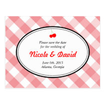 Pink gingham country rustic cherry save the date postcards