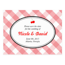 Pink gingham country rustic cherry save the date post cards
