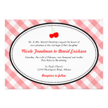 Pink gingham country rustic red cherry wedding invitations