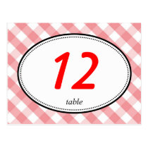 Pink gingham country rustic wedding table number postcards