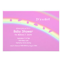 Pink Girl Umbrellas and Drops Baby Shower Personalised Invites
