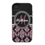 PINK GLITTER PRINTED, BLACK DAMASK YOUR MONOGRAM iPhone 4/4S CASES
