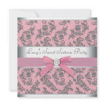 Pink Gray Swirl Damask Pink Sweet 16 Party Custom Invite