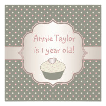 Pink Green Cupcake 1st Birthday Party Invitations