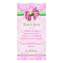 Pink green damask elegant wedding picture card