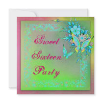 Pink Green Neon Grunge Butterfly Sweet 16 Birthday Announcement
