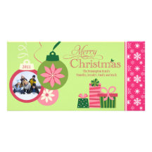 Pink green whimsical ornaments christmas photocard custom photo card