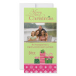 Pink green whimsical presents christmas photocard photo greeting card