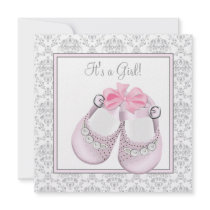 Pink Grey Baby Shoes Pink Grey Baby Girl Shower Personalized Invitation