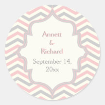Pink, grey chevron zigzag wedding Save the Date Round Sticker