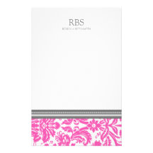 Pink Grey Damask Custom Monogram Stationery