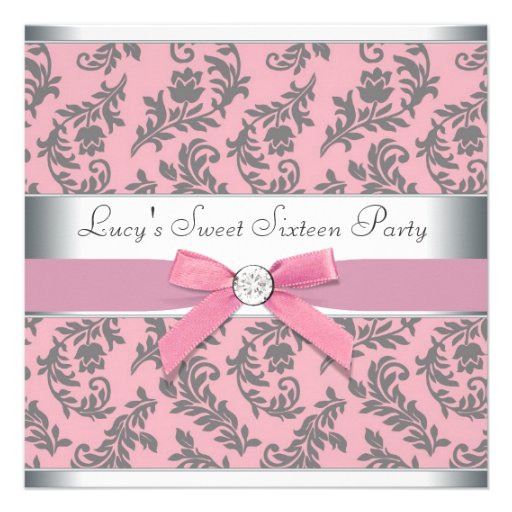 Pink Grey Swirl Damask Pink Sweet 16 Party Invitations