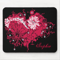 Pink Grunge Heart, Flowers & Sequins Illustration Mouse Mats