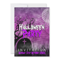 Pink Halloween Moon+Spider Web Invitation